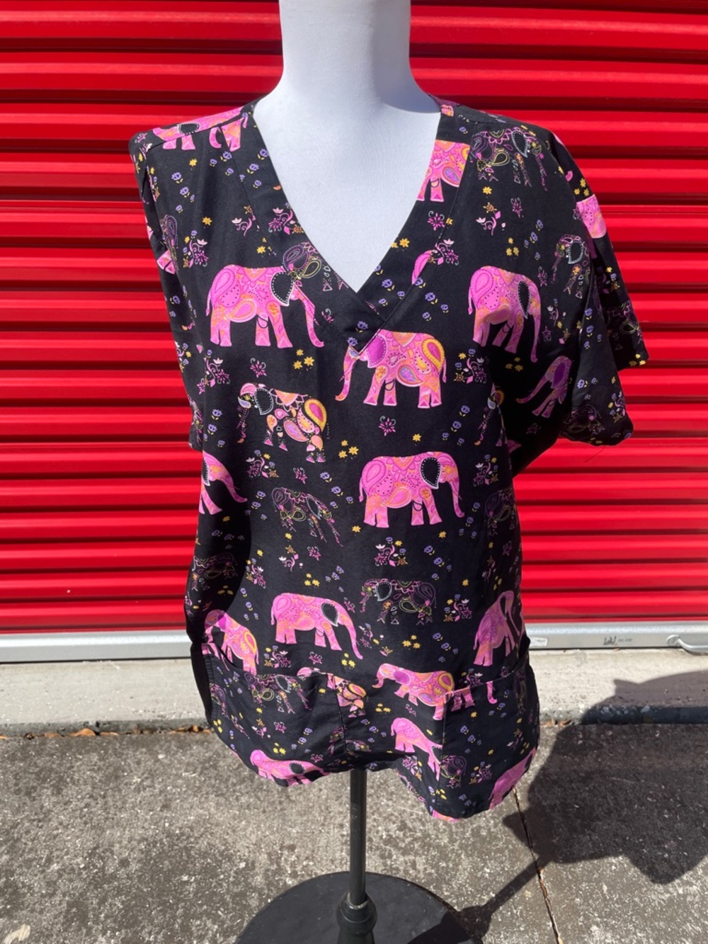Women’s V-Neck Black Top with Pink Elephant Print